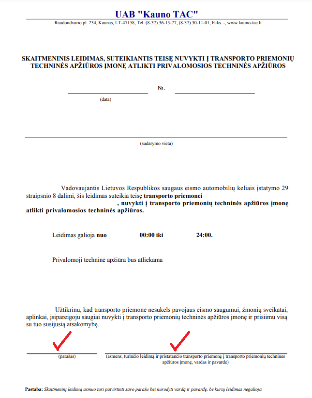 Skaitmeninis leidimas suteikiantis teisę nuvykti į transporto priemonių techninės apžiūros įmone