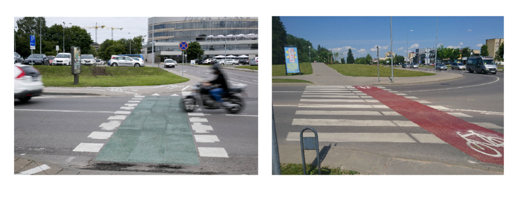 Kaip žymima dviračių juosta kertanti važiuojamąją dalį?