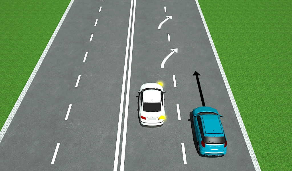 Kelio žymėjimas (rodyklės su lenktu kotu) rodo, kad baltas automobilis turi tučtuojau persirikiuoti į pirmąją eismo juostą